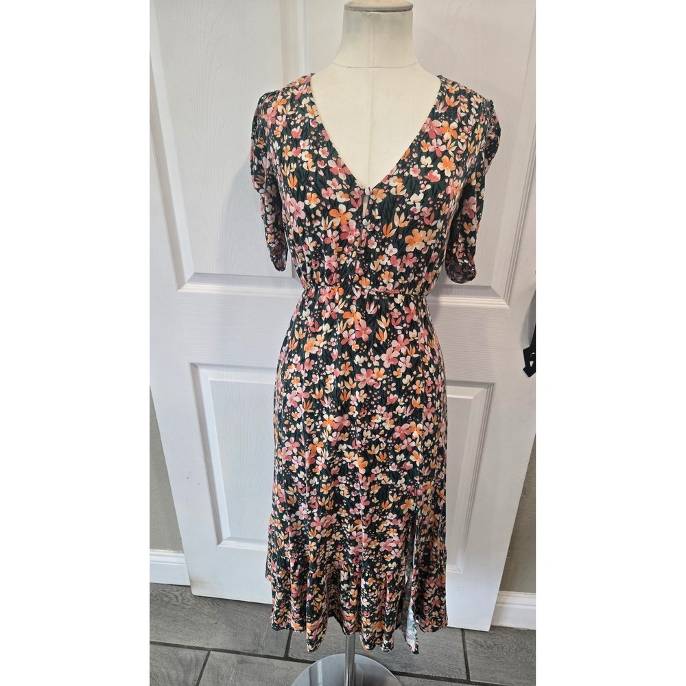 Zara XS Floral Midi Dress V Neck Puff Sleeve Summer Casual Cute